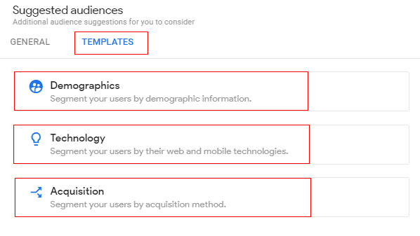 Suggested audience template, featuring options for demographics, technology, and acquisition methods for user segmentation. i-shadow