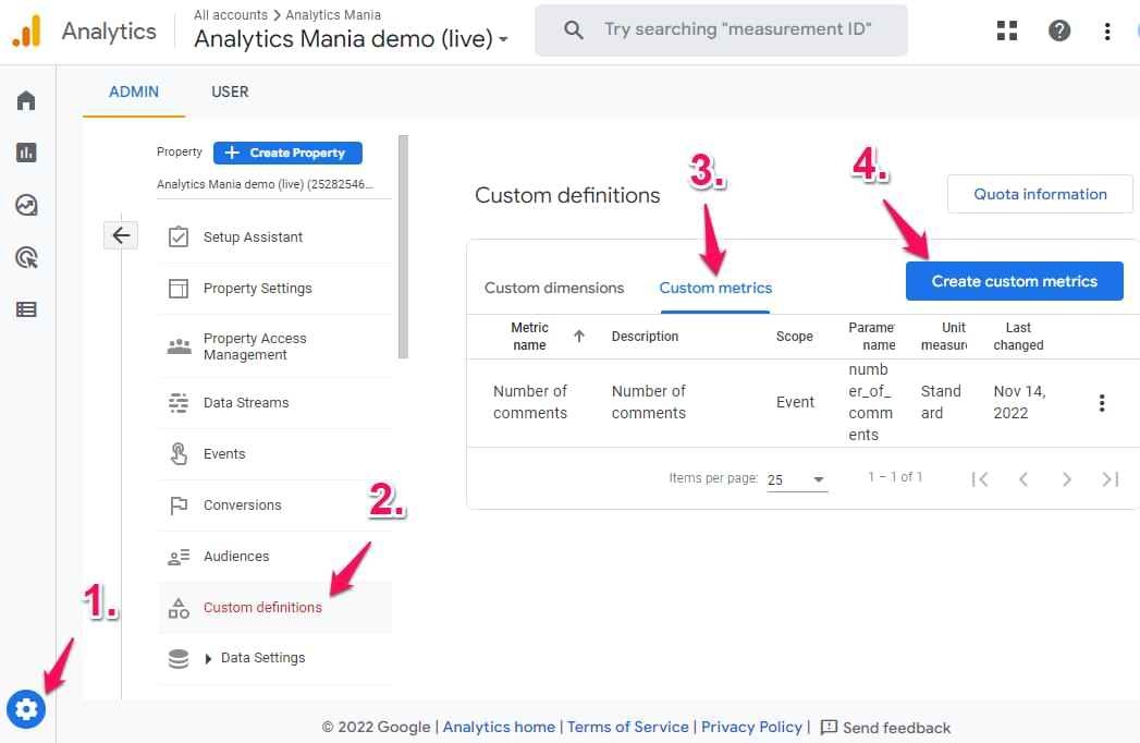 Creating custom metrics in Google Analytics under Custom Definitions.i-shadow