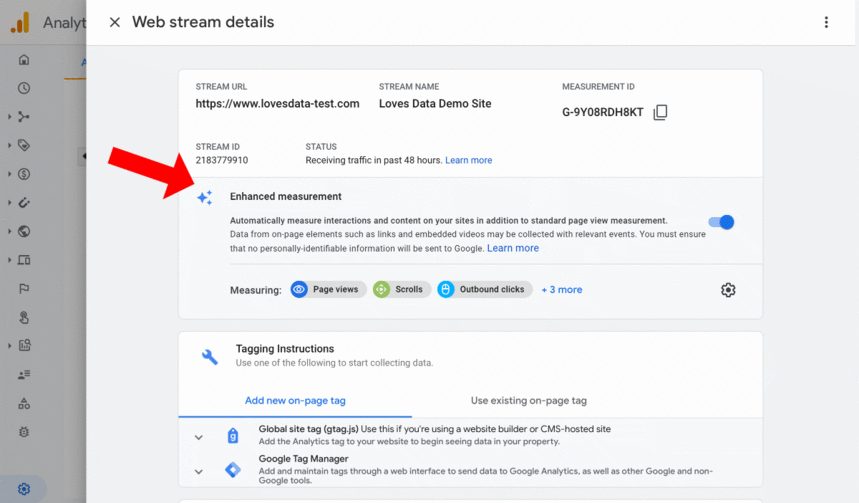 Google Analytics Web Stream Details page showing enhanced measurement for tracking additional actions such as page views and outbound clicks. i-shadow