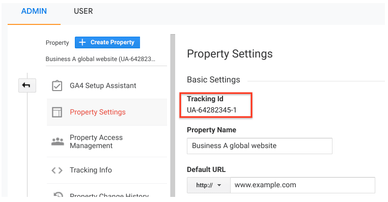 Google Analytics Property Settings page showing the “Tracking ID”,  along with the property name and default URL details. .s. i-shadow