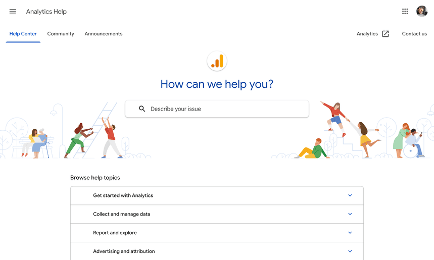 Google Analytics Help Center page, offering support for users searching for help with specific issues. i-shadow