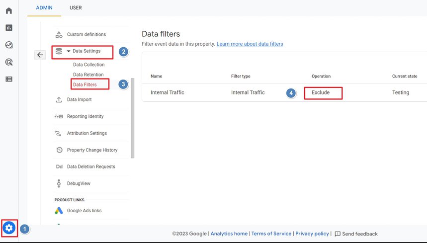 Google Analytics Admin page with an internal traffic filter set to exclude traffic from specific sources like internal users. i-shadow