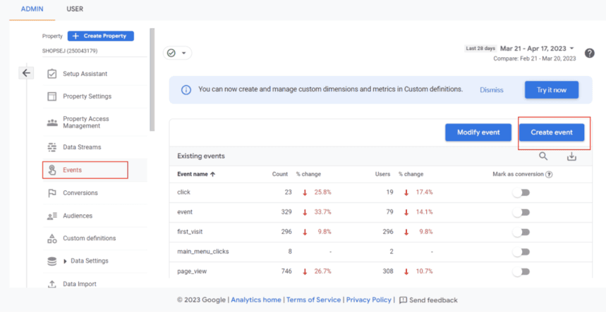 Google Analytics “Create Event” button showing options to create custom events based on specific conditions or triggers. i-shadow