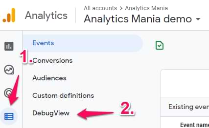 Google Analytics “DebugView” screen where real-time events are monitored and debugged. i-shadow