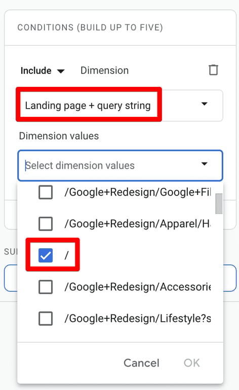 GA4 dimension filter applied to landing pages to isolate home page visits from direct traffic.
