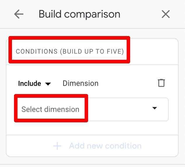 GA4 build comparison menu showing dimension selection for analyzing direct traffic sources.