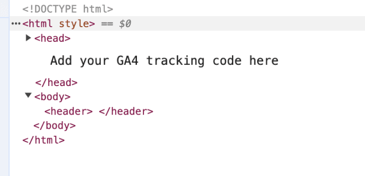 HTML snippet showing where to place GA4 tracking code in the website header.