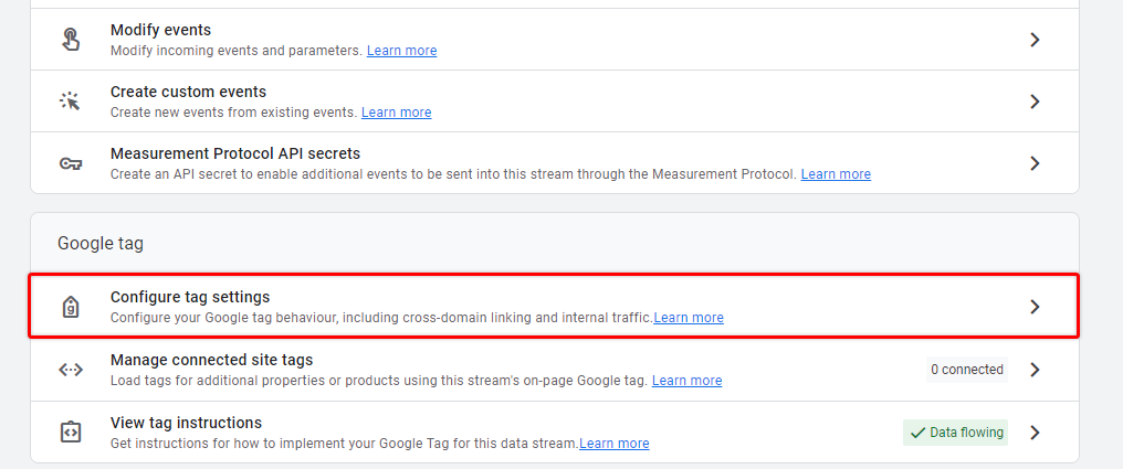 Google Tag Manager settings highlighting where to configure tag behavior including internal traffic.