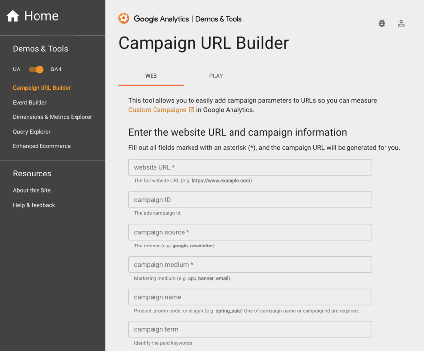 Google Campaign URL Builder creates trackable URLs but requires manual input, risking errors.