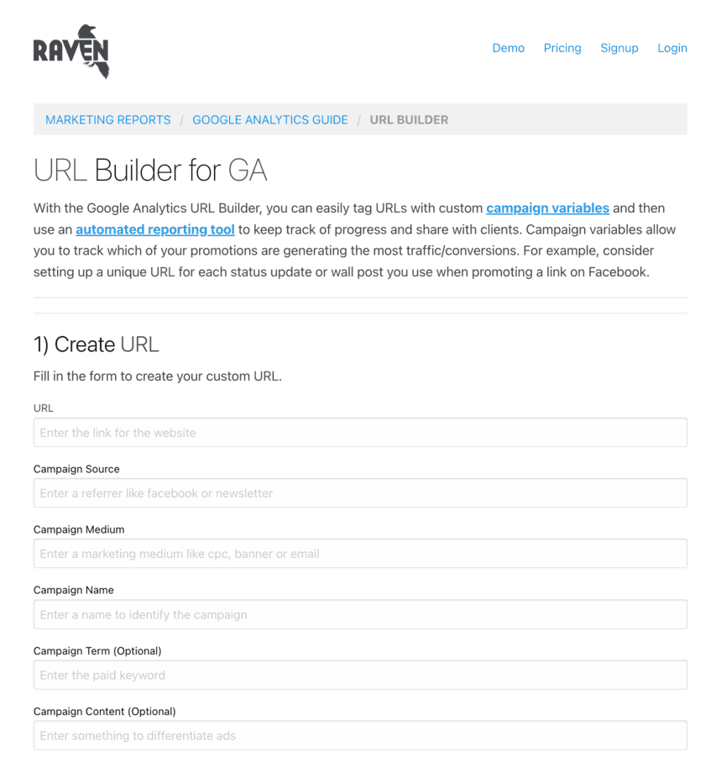 Raven Tools URL Builder supports standard UTM tagging but lacks bulk URL creation, limiting scalability for large campaigns.