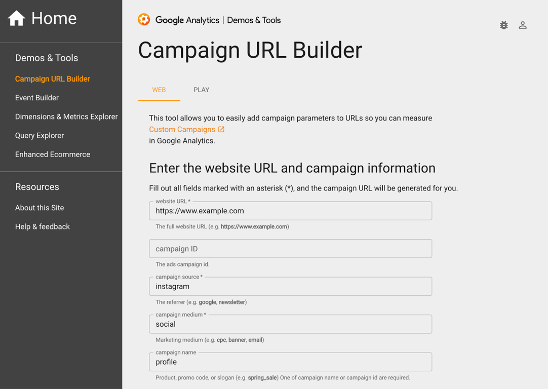 Campaign URL Builder tool with example fields filled in for tracking an Instagram campaign.