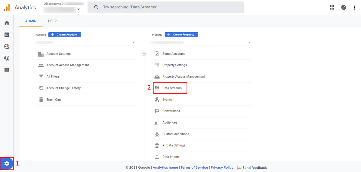 Google Analytics admin panel with steps to access Data Streams highlighted.