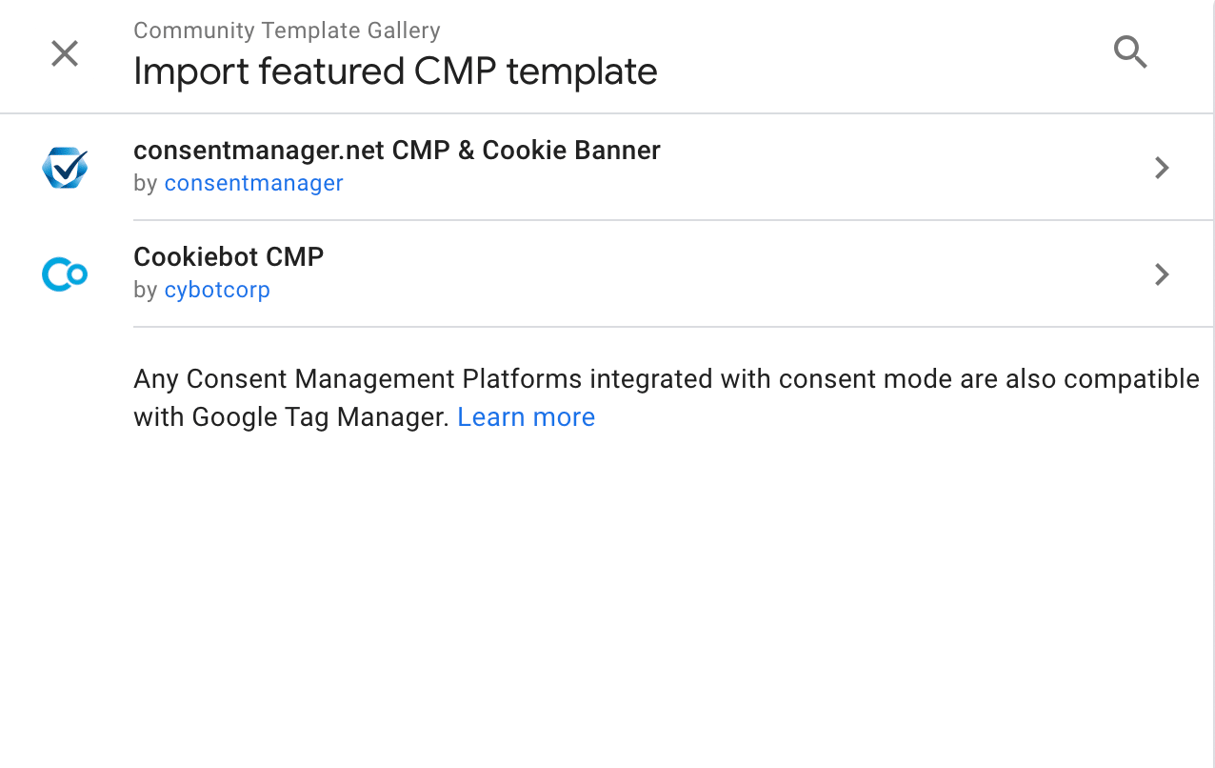 Google Tag Manager showing options to import CMP templates like consentmanager.net and Cookiebot.