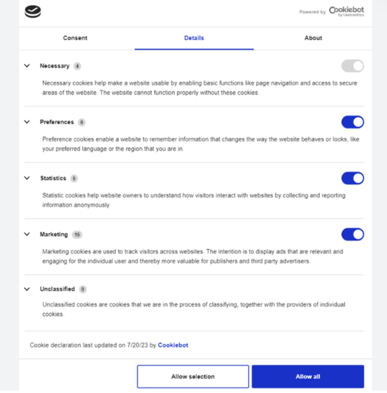 Cookie consent interface showing categories for Necessary, Preferences, Statistics, Marketing, and Unclassified cookies.