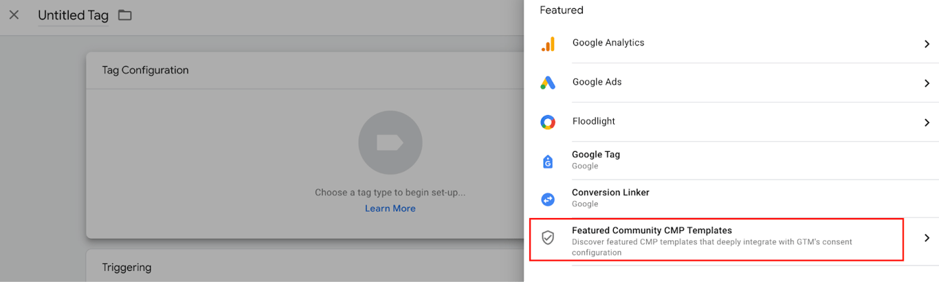 Google Tag Manager interface showing featured Community CMP templates for integration with consent configuration.