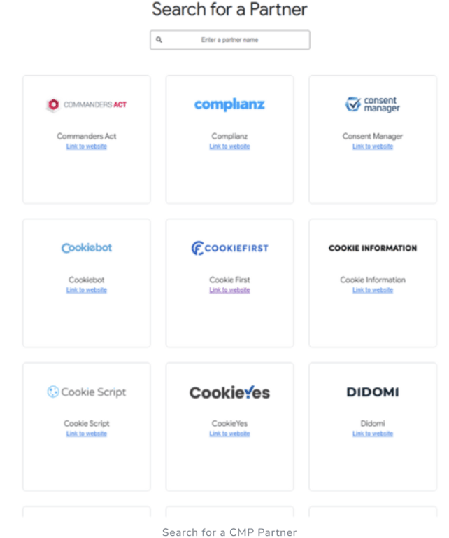 Partner search interface displaying logos of various CMPs like Cookiebot, CookieFirst, and Didomi with links to their websites.