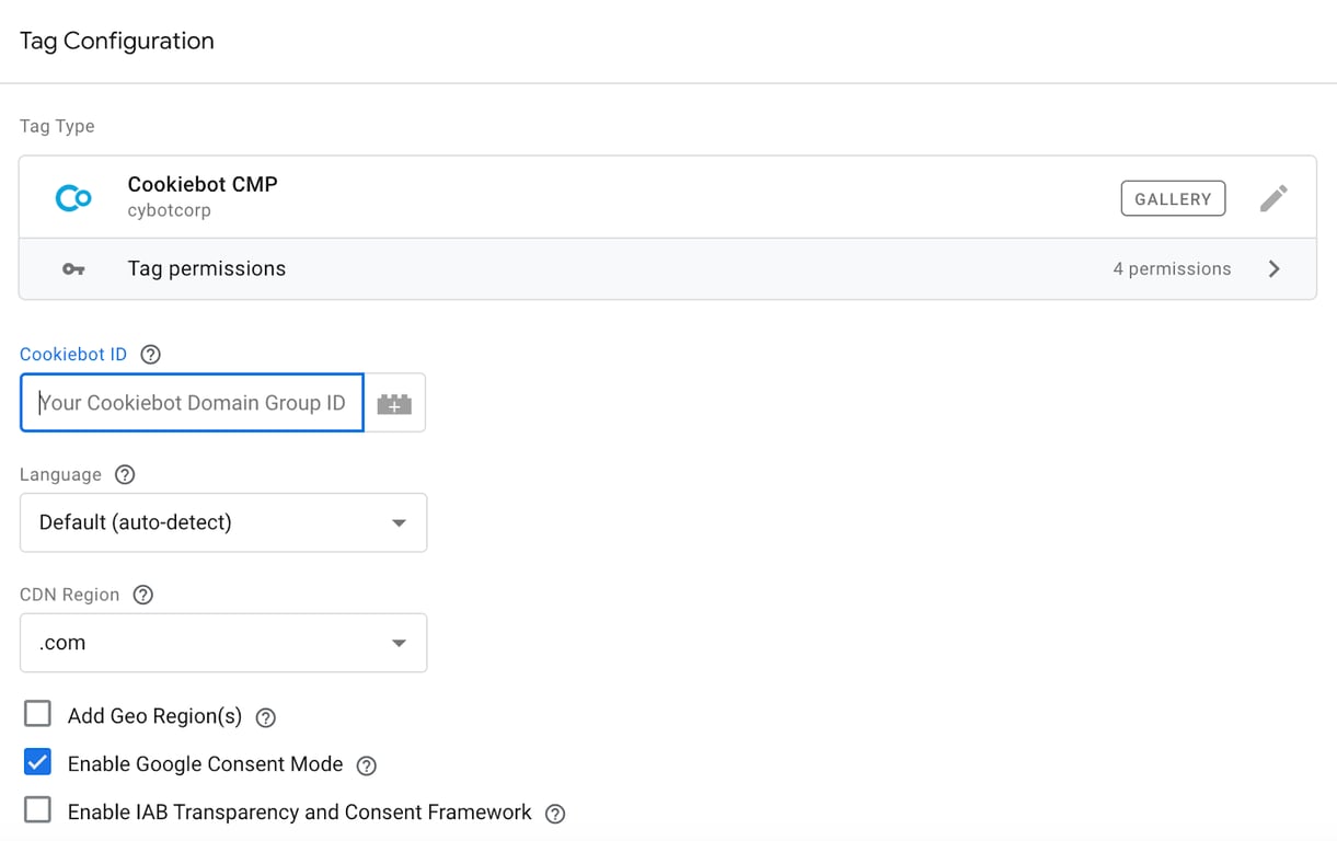 Tag configuration screen in Google Tag Manager for setting up Cookiebot CMP with consent mode enabled.