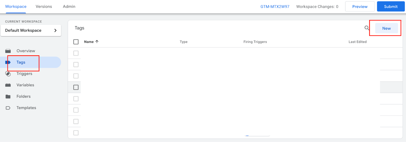 Google Tag Manager interface displaying the ‘Tags’ section with an option to create a new tag