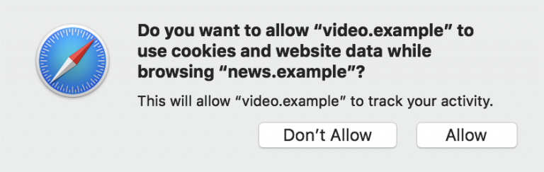Cookie consent pop-up asking to allow ‘video.example’ to use cookies while browsing ‘news.example’.