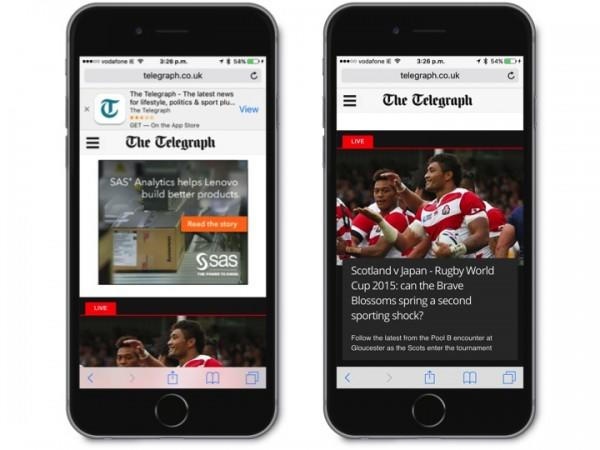 Mobile screen showing The Telegraph website with an ad for SAS analytics on the left and article on the right.