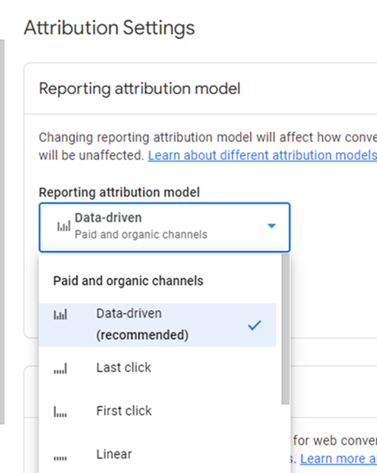 Attribution settings screen showing the data-driven model selected for paid and organic channels.