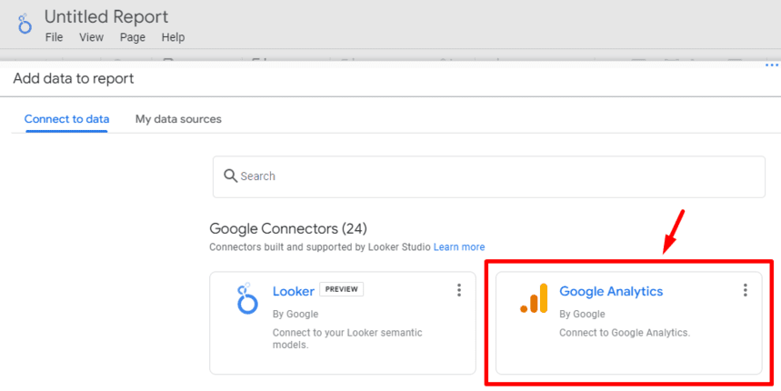 Looker Studio Add Data to Report interface where users can connect Google Analytics to their Looker Studio report. i-shadow