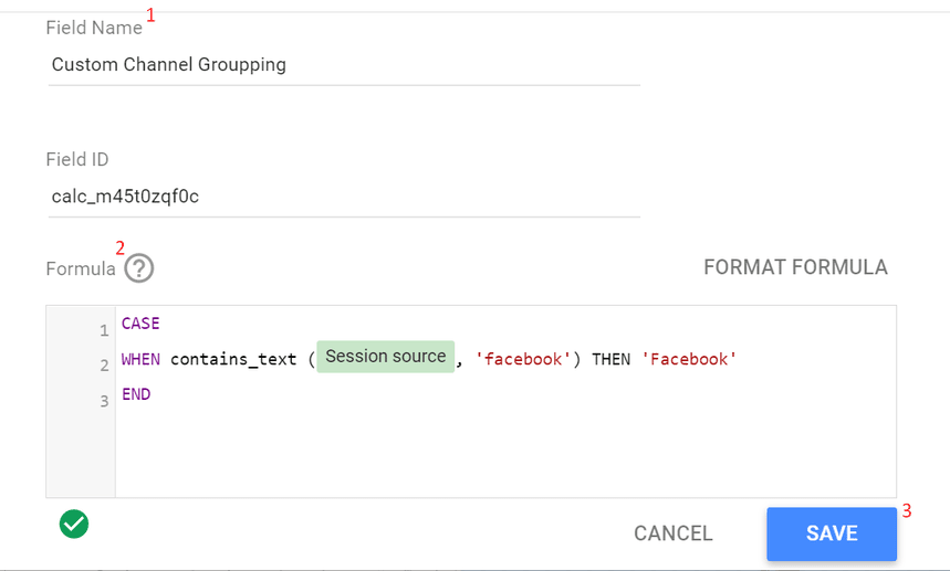 GA4 custom channel grouping setup screen with a formula used to categorize traffic sources like Facebook. i-shadow