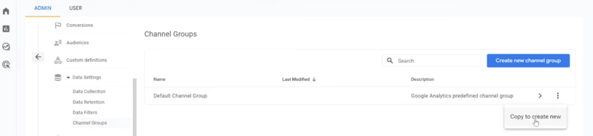 GA4 Admin panel displaying the “Channel Groups” section with the option to create a new channel group. i-shadow