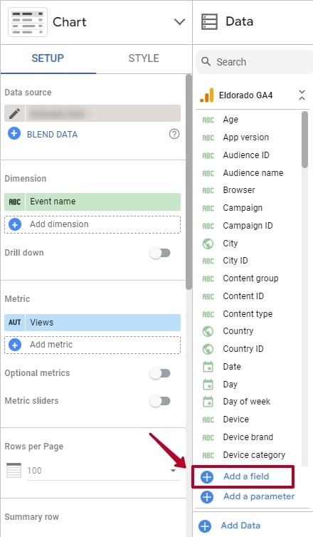 Looker Studio data setup panel where users add dimensions and metrics, with options to add a field or parameter for custom reports. i-shadow