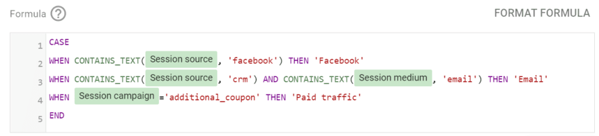 GA4 custom channel grouping formula setup showing how multiple conditions are defined to group traffic sources and campaigns. i-shadow