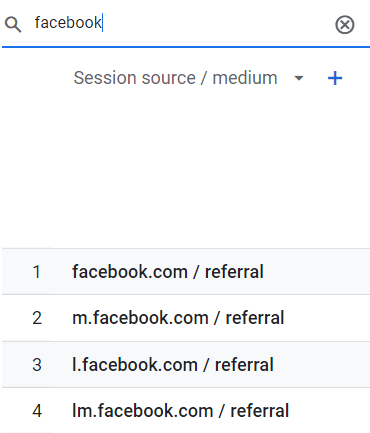 GA4 search bar showing session source/medium data filtered by “facebook” for tracking traffic from various Facebook sources. i-shadow