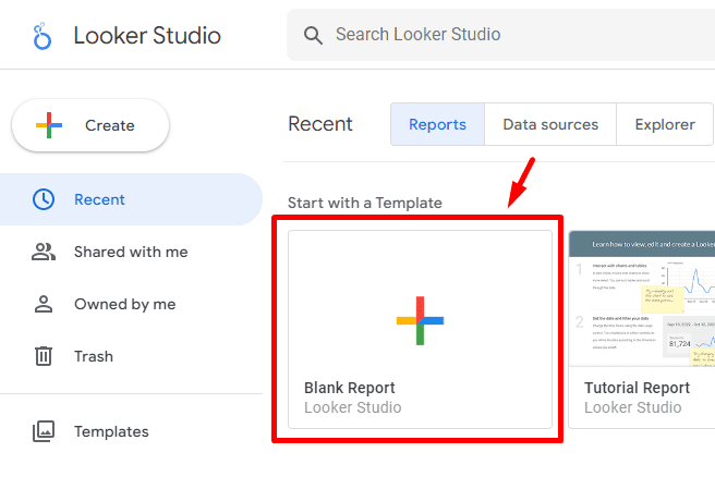 Looker Studio homepage showing the “Blank Report” template for creating new reports. i-shadow
