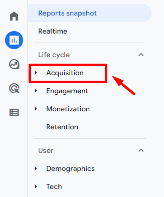 GA4 Life Cycle menu expanded to show the “Acquisition” section, which includes user acquisition and traffic acquisition. i-shadow