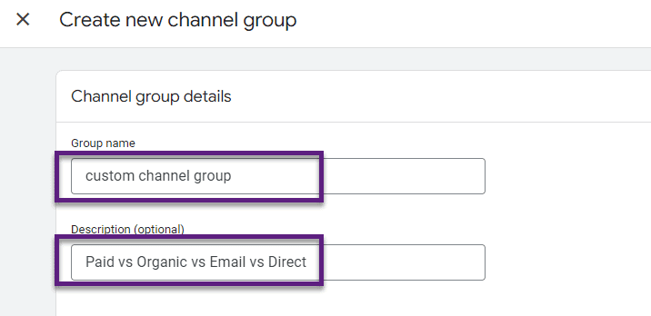 GA4 screen showing the “Create new channel group” interface, where users can define a custom channel group with group name and description. i-shadow