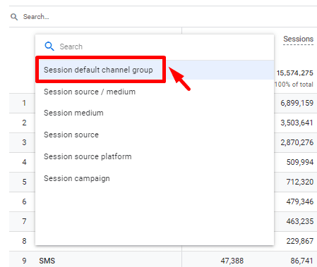 GA4 search bar showing the option to search and select “Session default channel group” as a key dimension. i-shadow