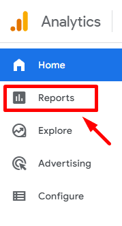 Navigation bar in GA4 highlighting the “Reports” section where users can access reporting features.. i-shadow