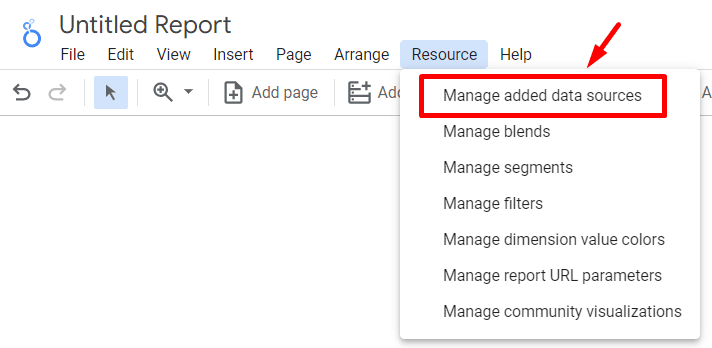 Looker Studio resource menu showing the “Manage added data sources” option for handling data sources in reports. i-shadow