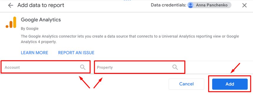 Looker Studio connector interface showing options to select the account and property in Google Analytics for connecting data. i-shadow