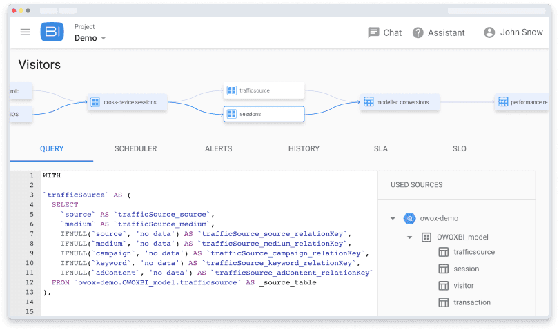 BI tool interface showing a query editor with traffic source data being processed, including structured SQL statements.