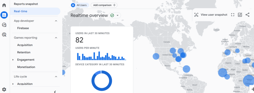 Realtime overview in GA4 showing users in the last 30 minutes with geographic distribution. i-shadow