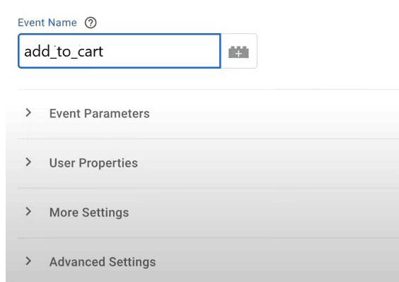GA4 tag configuration with the event name ‘add_to_cart’ and additional settings. i-shadow