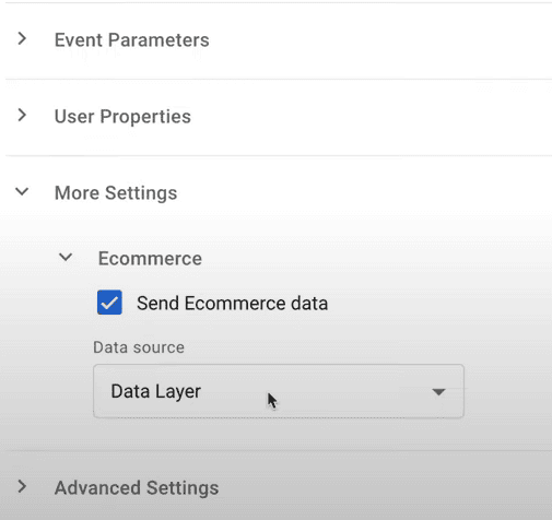 GA4 tag setup with ecommerce data enabled and Data Layer as the source. i-shadow