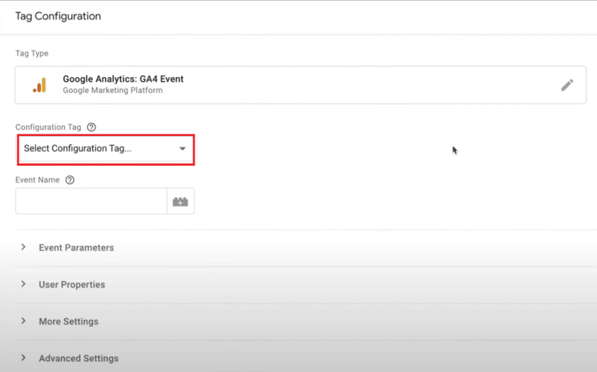 GA4 event tag setup with options to select configuration tags and enter event names. i-shadow