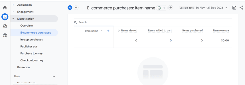 “E-commerce purchases report in GA4 showing metrics like items viewed and revenue. “