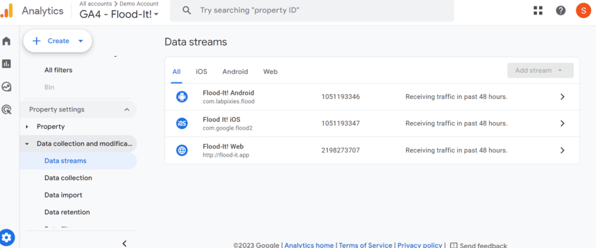 Data streams section in Google Analytics 4 displaying traffic sources  i-shadow