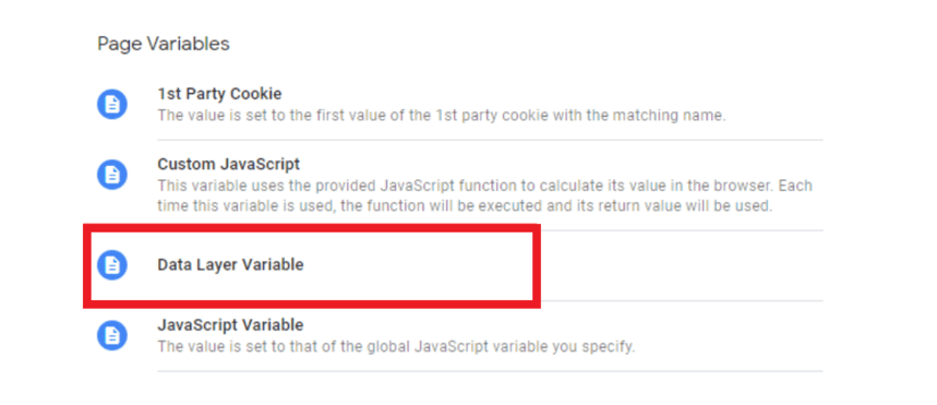 Page variables section in Google Tag Manager highlighting the Data Layer Variable option i-shadow