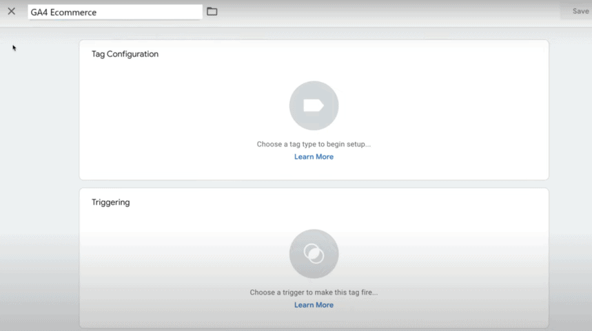 Empty tag and trigger fields in GTM for GA4 Ecommerce setup. i-shadow