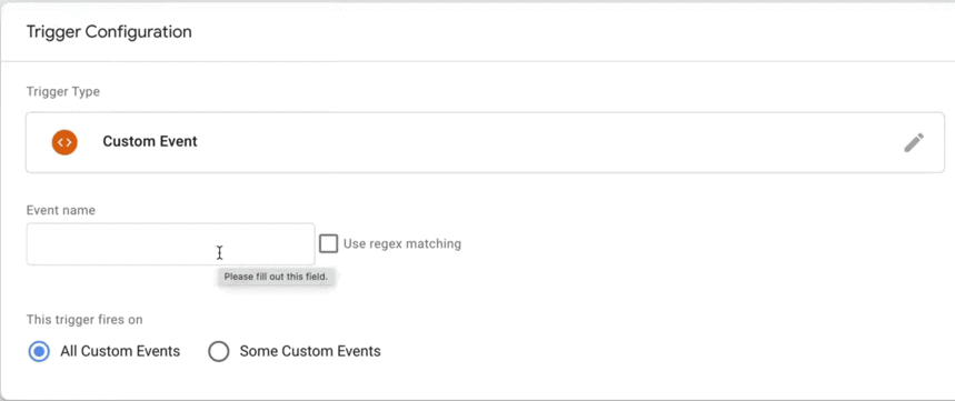 Custom event trigger configuration in GTM with fields for event name and trigger type. i-shadow