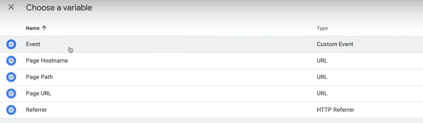 Variable selection screen in GTM with options like Event, Page Hostname, and Page URL.