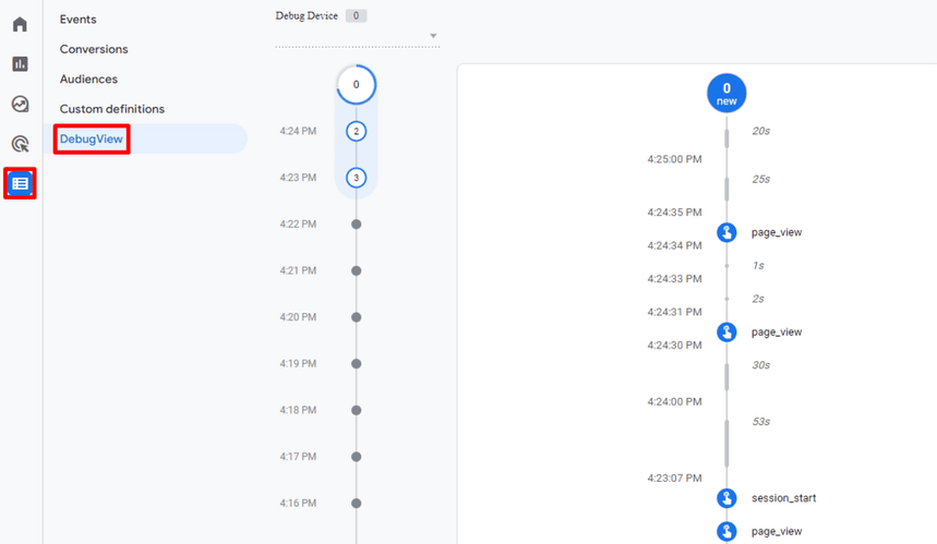 DebugView in GA4 displaying a timeline of events including page views and session starts. i-shadow